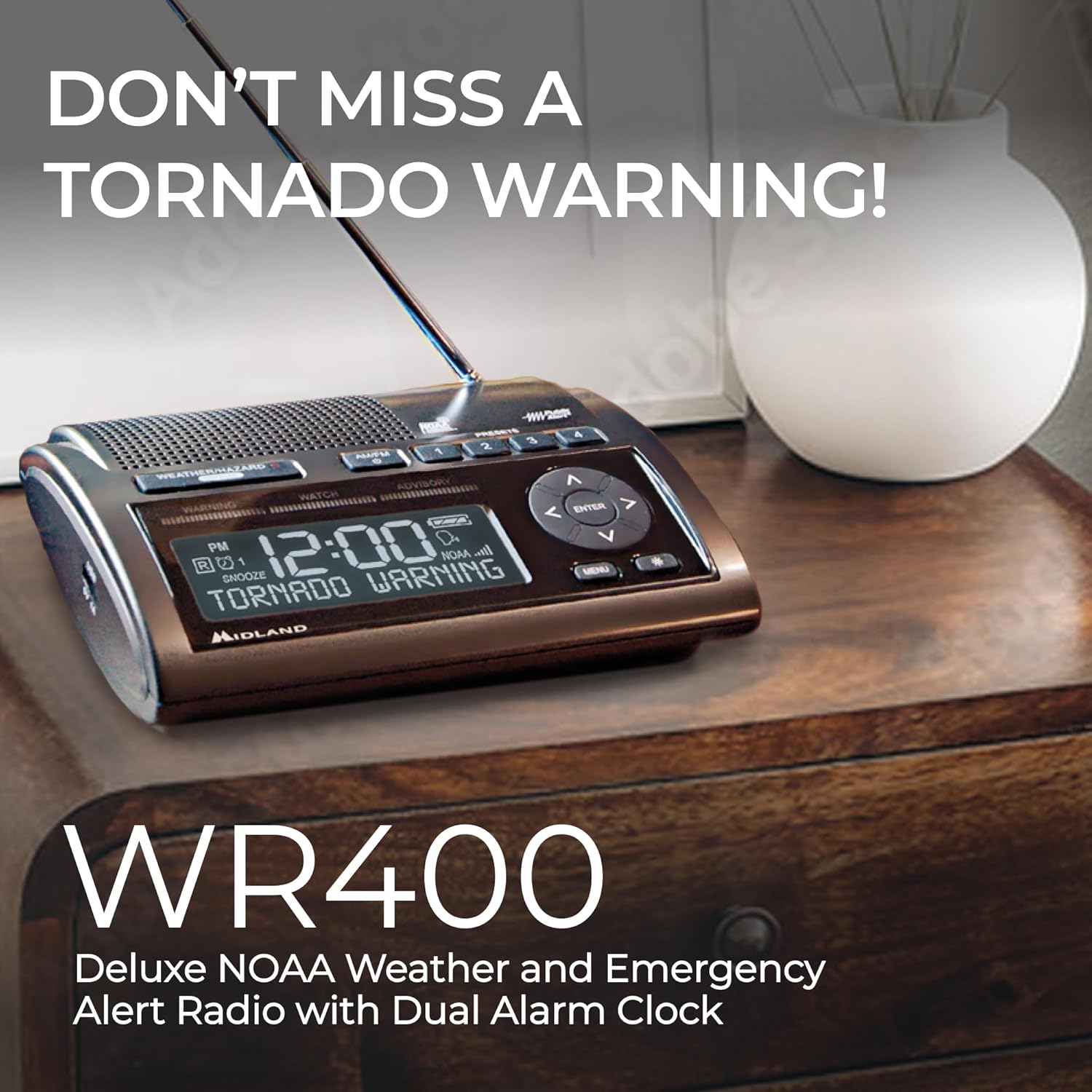 Midland - WR400 Weather Radio Deluxe - NOAA Emergency Alert Scanner – Home Use with Battery Backup - Local County Programming Over 80 Emergency Voice Flashing Alerts – Alarm Clock AM/FM Radio - Image 3