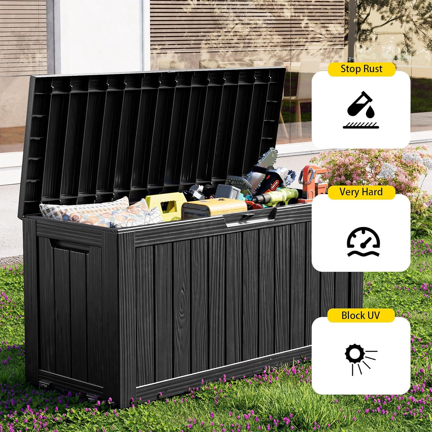 Outdoor Waterproof Resin Storage Deck Box Lockable Outside Bench UV Resistant Bin Patio Porch Furniture Pool Float Garden Tool Cushion (Black, 85 Gallon) - Image 4