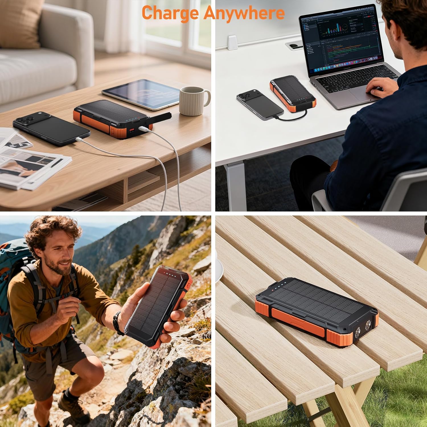 ERRBBIC Solar Charger Power Bank 49800mAh, 22.5W Portable Charger, 15W Wireless Charging, Solar Panel Charger, Built-in Four Cable, with USB C for Cell Phones, with Dual Flashlight for Camping - Image 6
