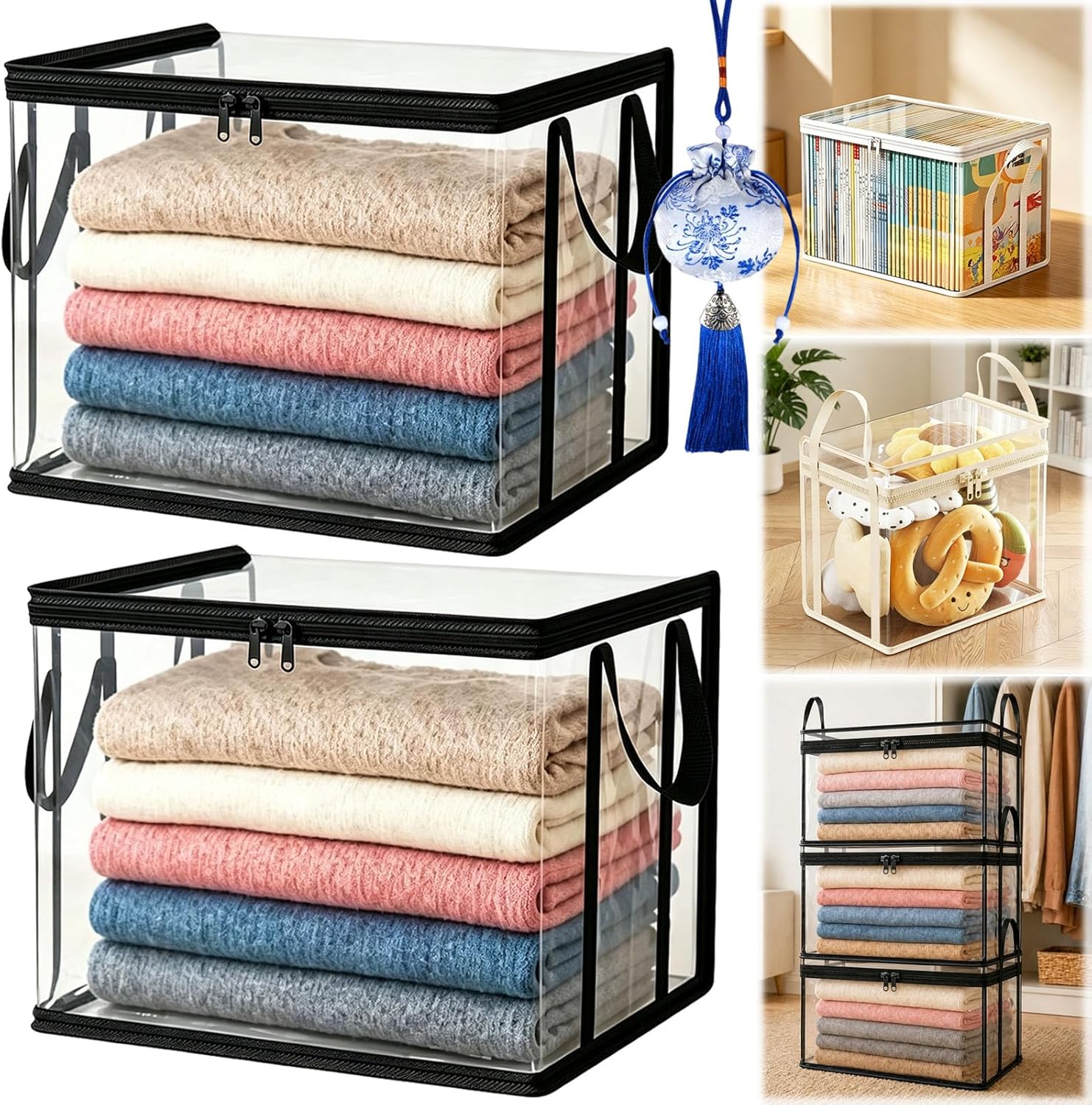 Large Heavy-Duty Thick Plastic Clear Storage Bag for Clothes, Moving & Storages, 2026 New Stackable Foldable Bins Totes Bags with Reinforced Handles & Zipper (2pc-black-L(15 × 9.5 × 12.6in))