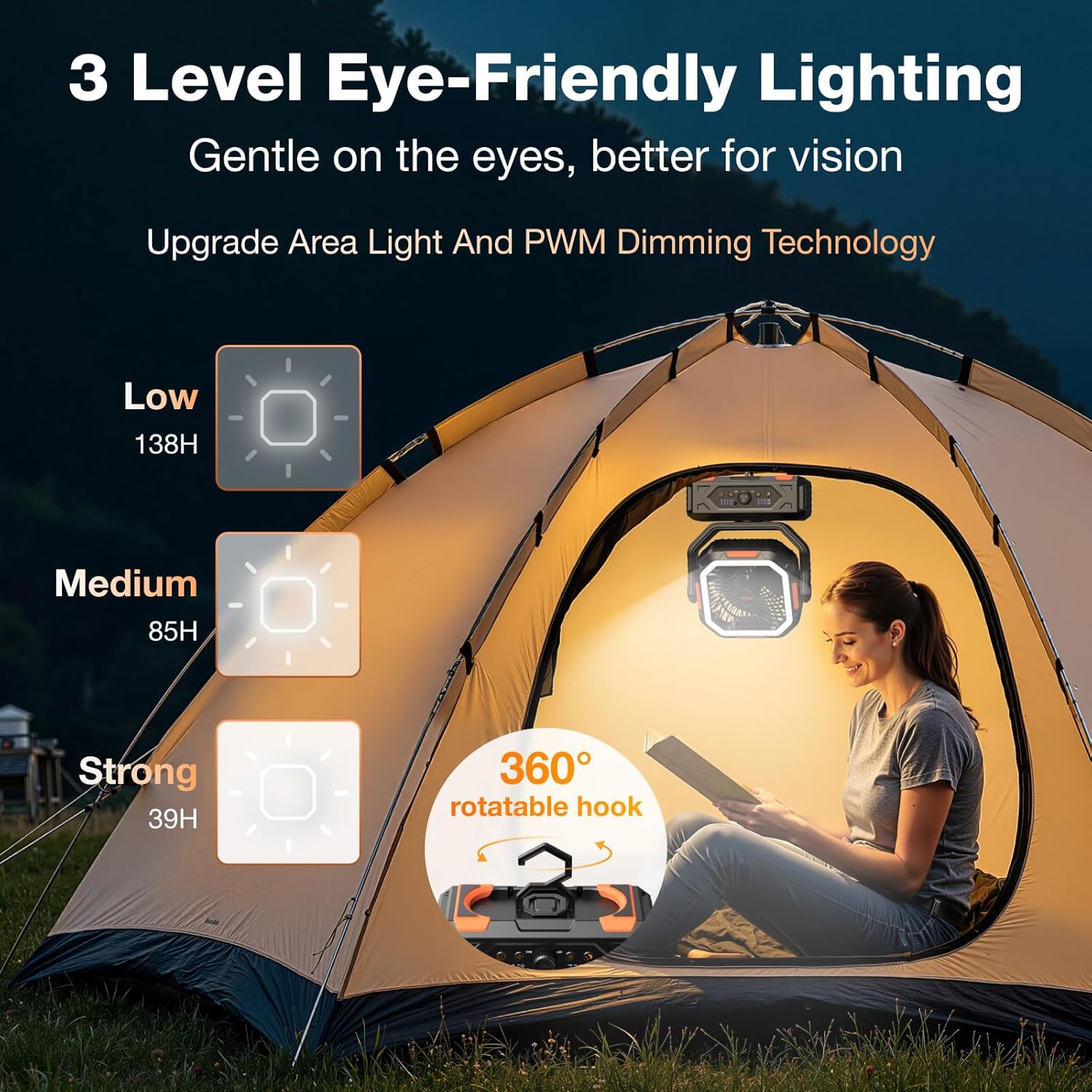 OGERY Camping Fan, Portable Fan Rechargeable with 20000mAh Battery, Stepless Speed Control, Fast Charging, Remote & LED Lantern for Tent, Travel, Car Camping, Camping Essentials - Image 8