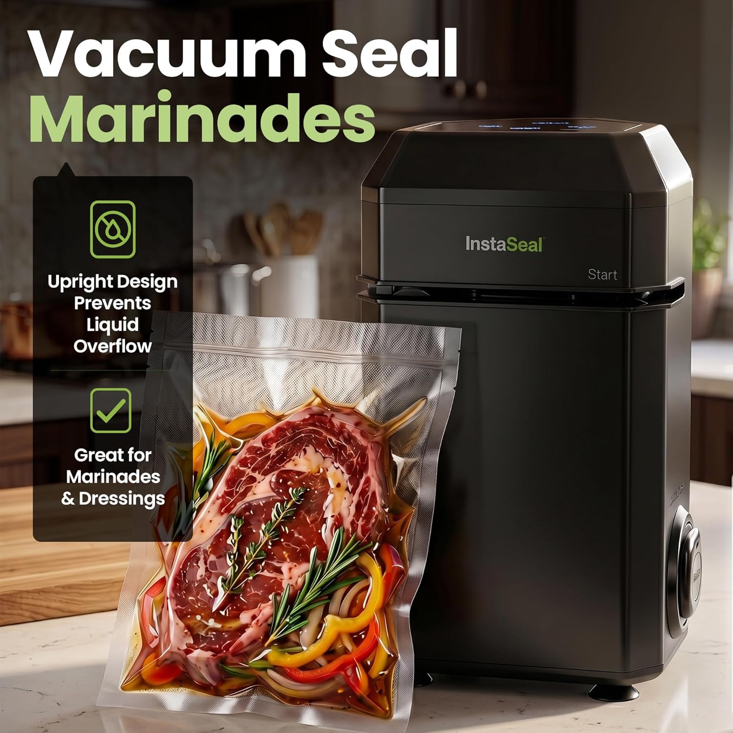 InstaSeal Vacuum Sealer for Food with 12 Bags, Preserves Foods 5x Longer, Space Saving Compact Upright Design Allows Machine to Heat Seal Marinades, Soups, Meats for Sous Vide Cooking - Image 4