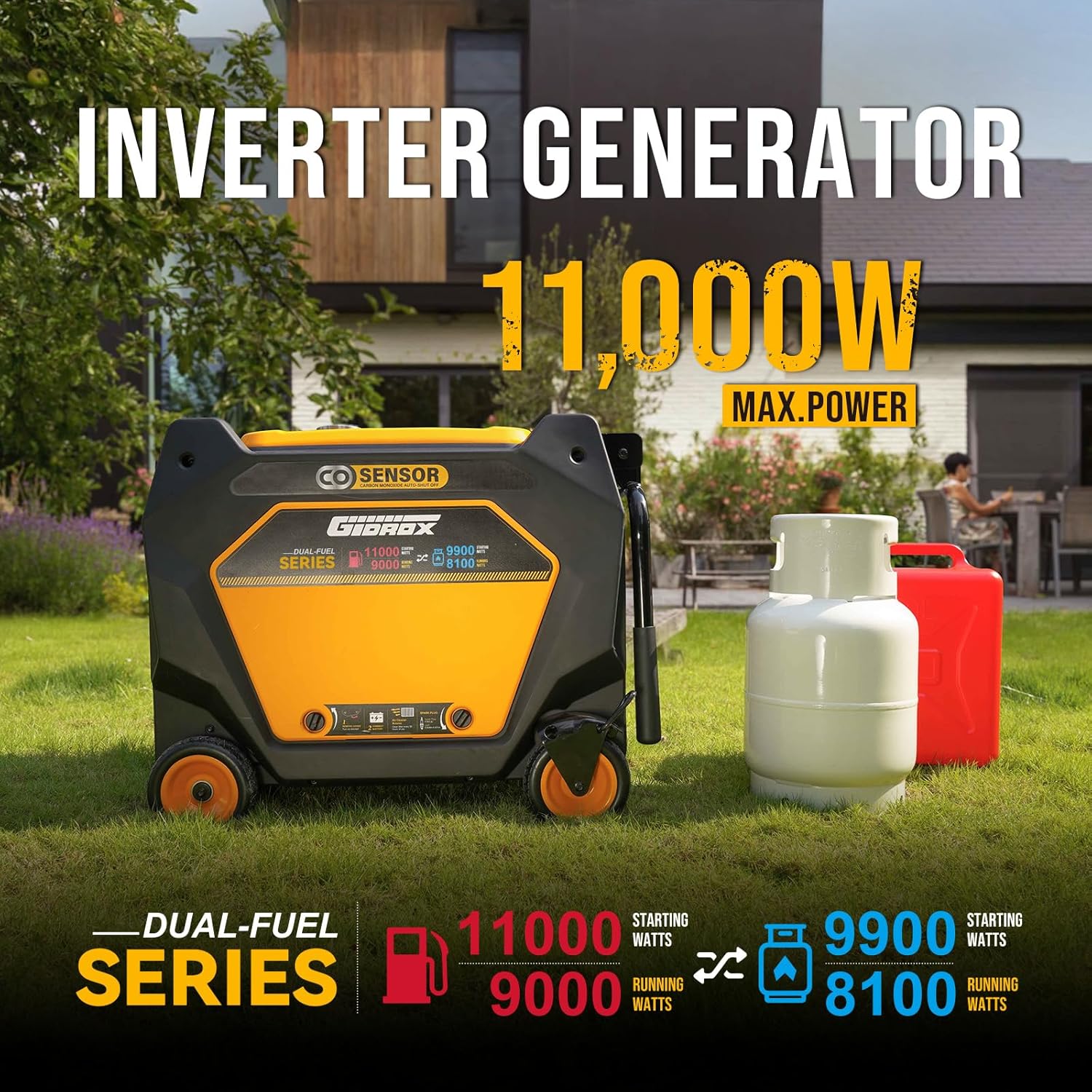 11000W Dual Fuel Inverter Generator for Home Backup, RV, & Camping - Super Quiet with ATS Ready, Remote Start, CO Sensor, ECO Mode, 50A Outlets, Low THD, Gas & Propane Powered (Yellow) - Image 2