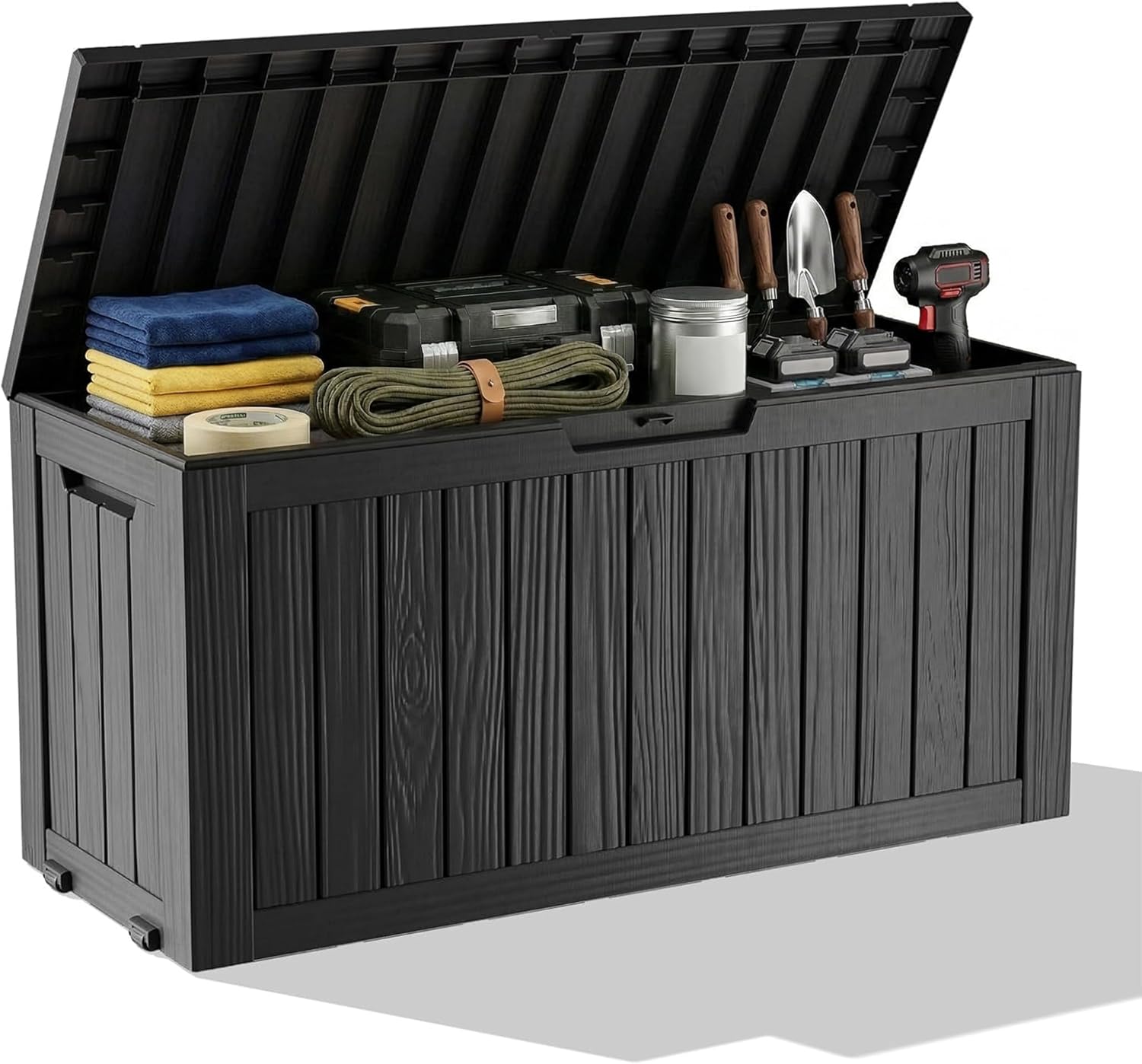 Outdoor Waterproof Resin Storage Deck Box Lockable Outside Bench UV Resistant Bin Patio Porch Furniture Pool Float Garden Tool Cushion (Black, 85 Gallon)