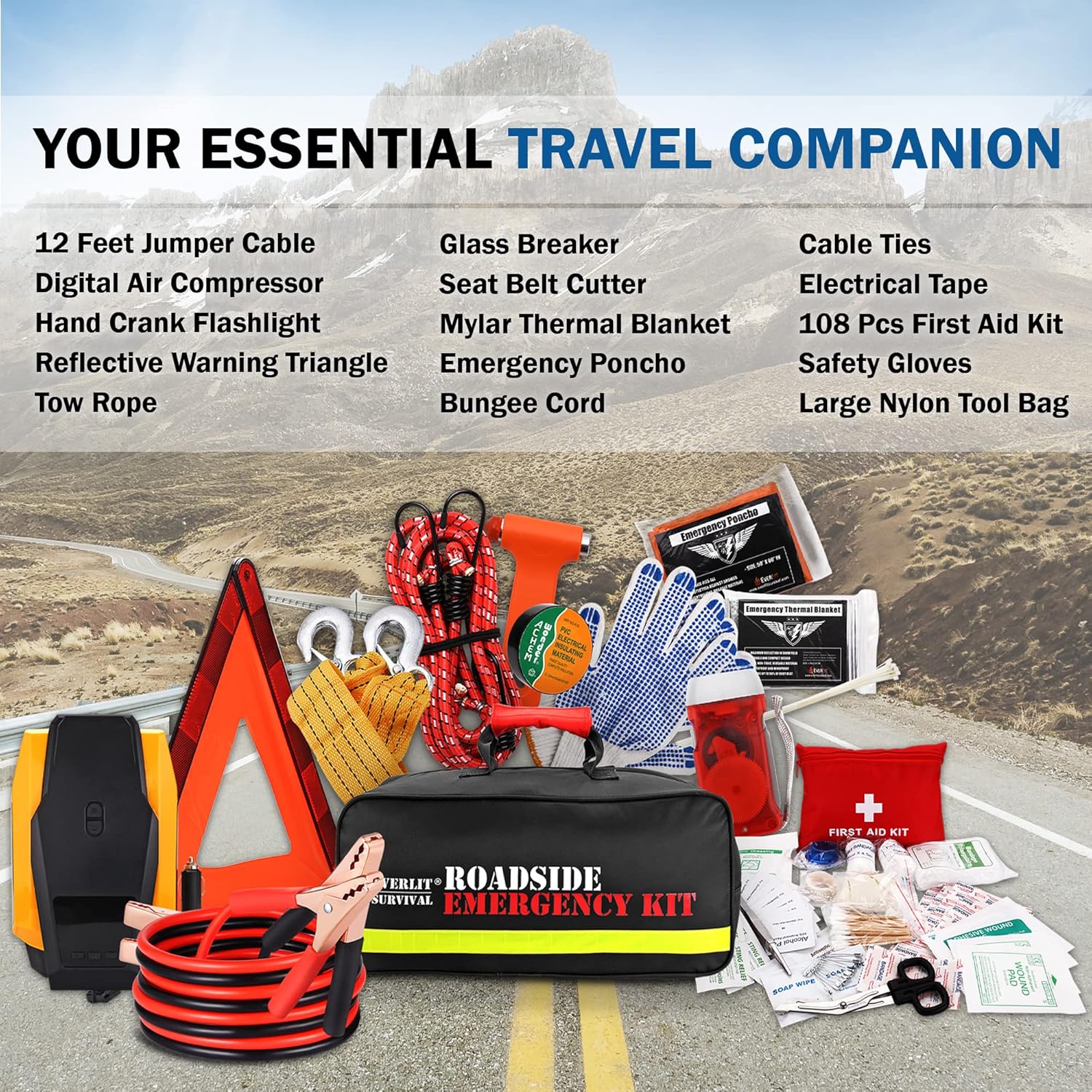 Everlit Survival Car Emergency Kit, Roadside Safety Tool Kit with Gloves,Digital Auto Air Compressor Tire Inflator, First Aid Kit, 12 Feet Jumper Cable, Tow Strap, Flashlight for Women, Men, Teenagers - Image 2