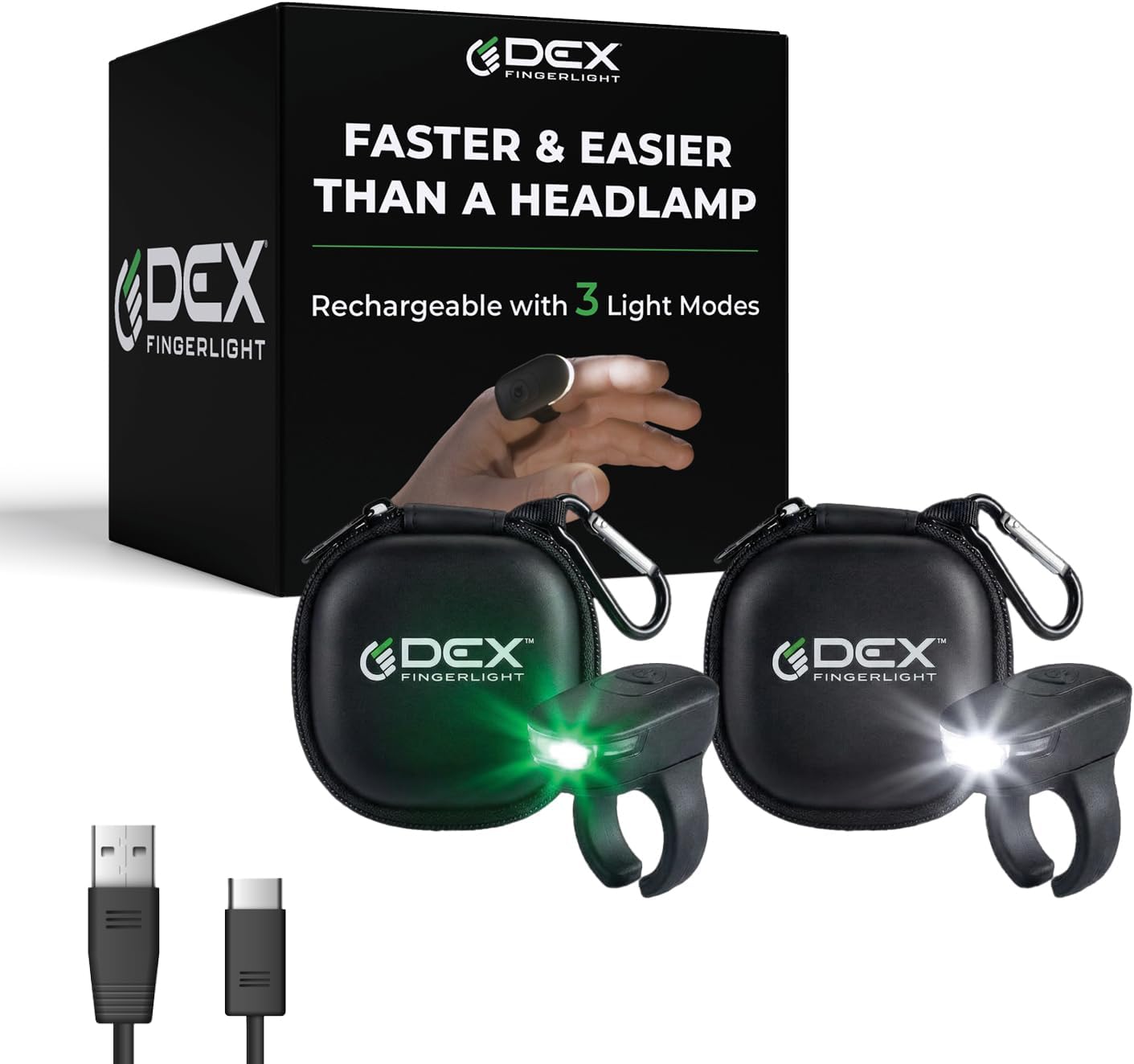2-Pack, High Tech Wearable LED Flashlight, Faster and Easier Than a Headlamp, Rechargeable, 3 Light Modes, Waterproof, One Size Fits Most, Black