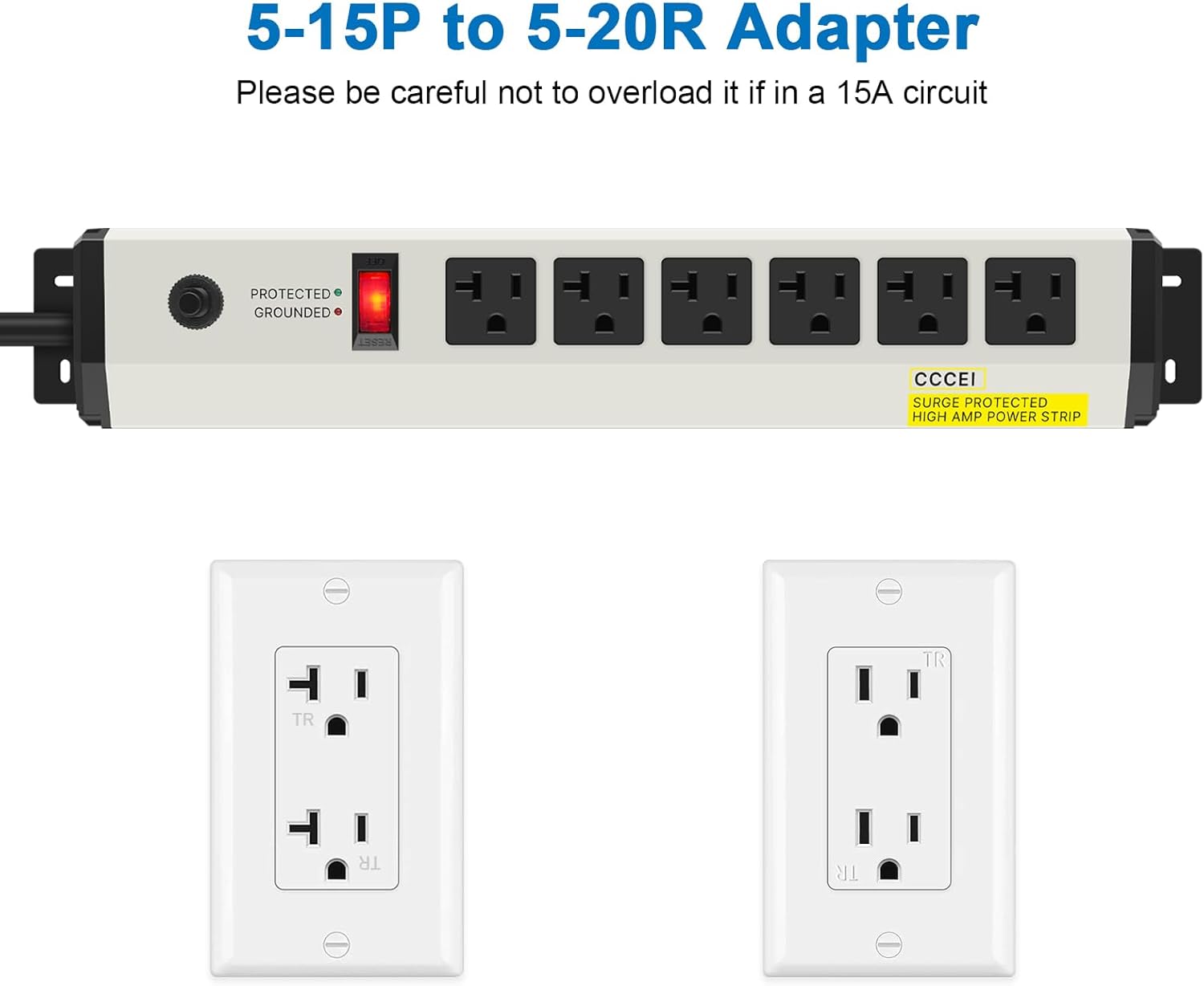 CCCEI 12 Gauge Heavy Duty Power Strip Surge Protector 4800J, 20 Amp 6 Plug Industrial Shop Garage Metal Multiple Outlets, 6 FT Extension Cord 5-15P Adapter High Amp 6-20R T-Slot 20a for Appliance. - Image 6