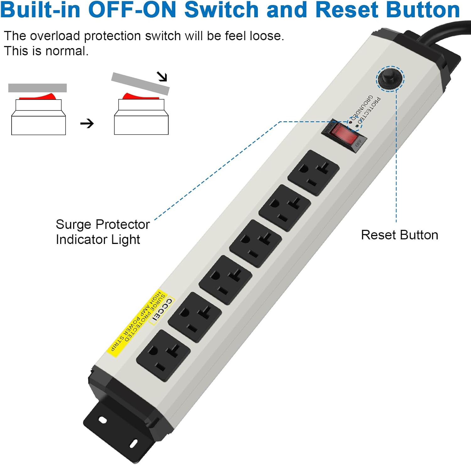 CCCEI 12 Gauge Heavy Duty Power Strip Surge Protector 4800J, 20 Amp 6 Plug Industrial Shop Garage Metal Multiple Outlets, 6 FT Extension Cord 5-15P Adapter High Amp 6-20R T-Slot 20a for Appliance. - Image 5