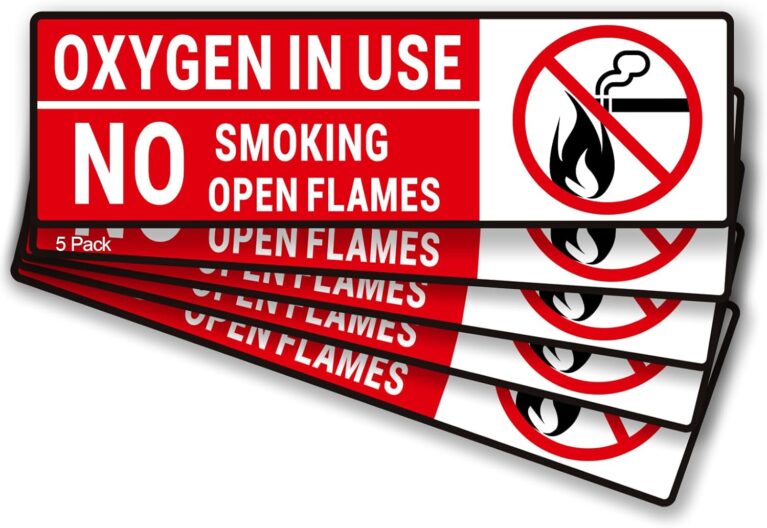 Oxygen in Use Decal, 5Pack No Smoking No Open Flames Area Stickers - Adhesive Vinyl Safety Warning Sign - Indoor & Outdoor Use - 10x3 inches