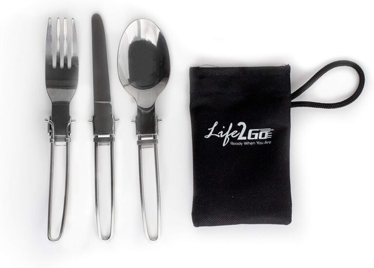 3-Piece Compact Camping Silverware & Utensil Set – Portable Cookware Kit for Hiking, Backpacking, Travel, BBQ & Grilling – Folding Reusable Stainless Steel Knife, Fork & Spoon in Tidy Black Bag