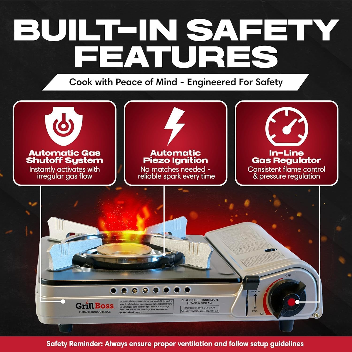 Grill Boss Dual Fuel Camp Stove - 12,000 BTU Butane & Propane Portable Stoves for Camping, Emergencies, BBQ, Hiking & Backpacking - Double Wind Guard, Instant Piezo Ignition System - 90057 - Image 4