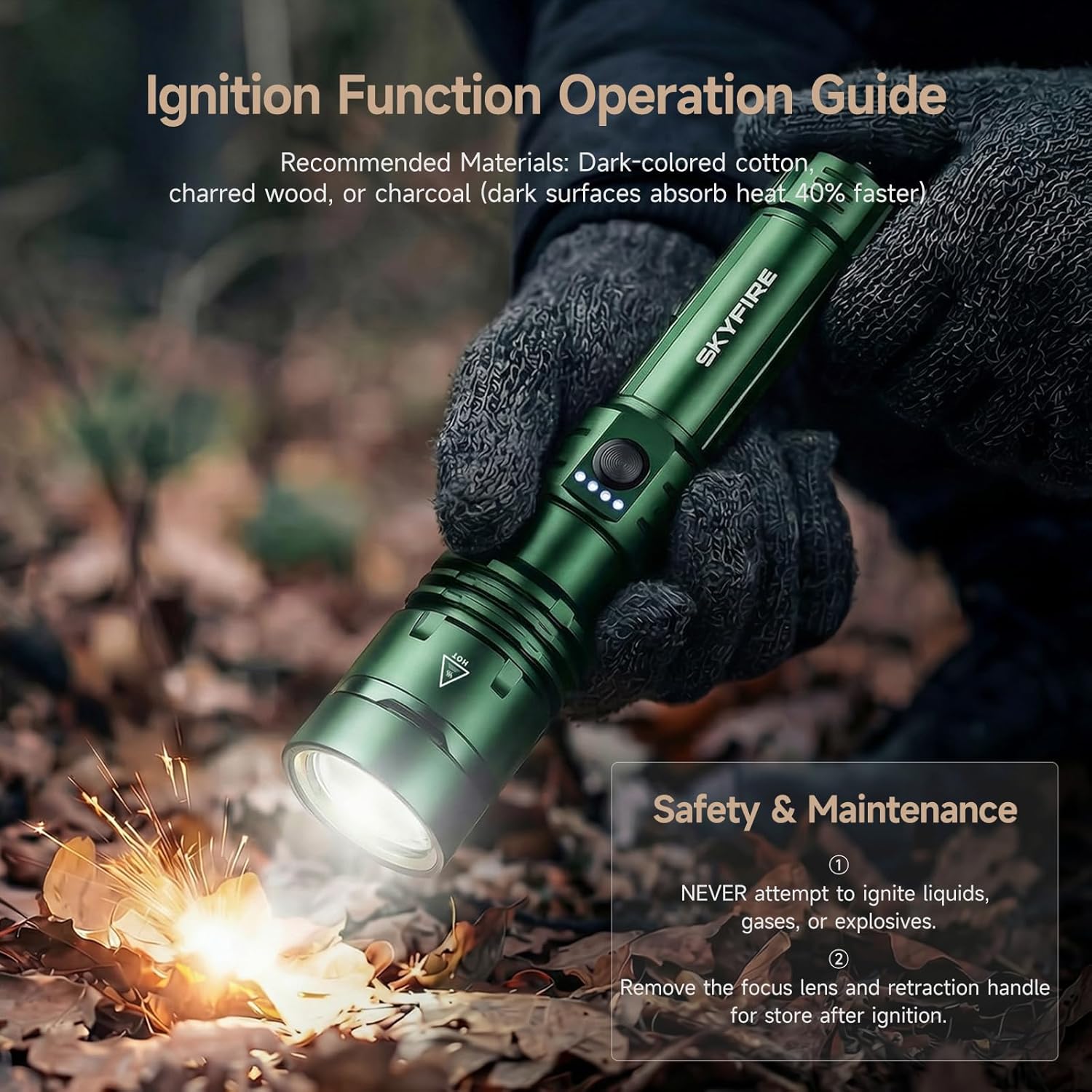 SKYFIRE 1376 LED Flashlights with Ignition Lens, Rechargeable 2000 High Lumens Zoomable Flash Light, 5 Modes Waterproof IPX6 Powerful Tactical Flashlight for Emergency Camping Essentials Home (Green) - Image 3