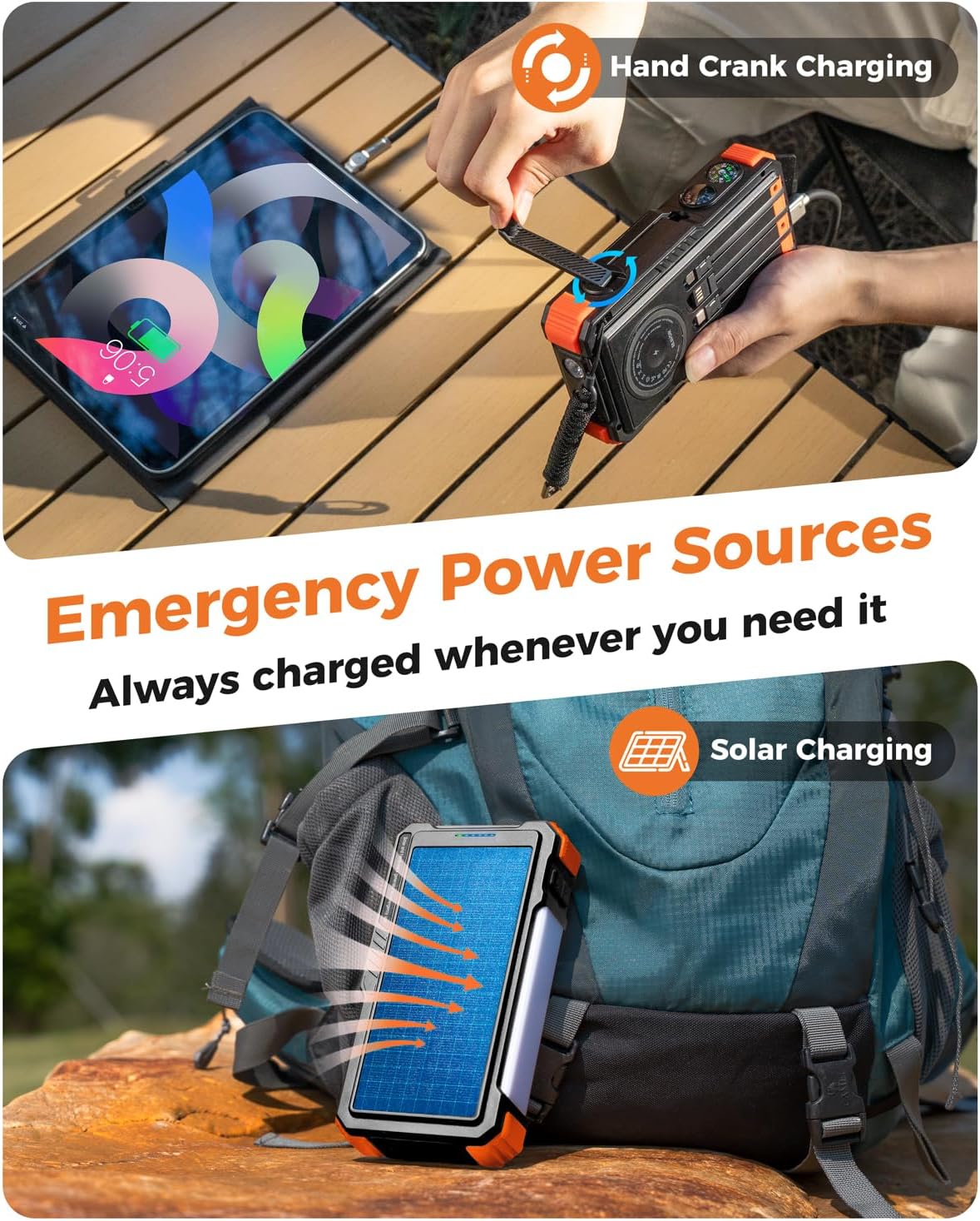 BLAVOR Solar Power Bank with Hand Crank and 4 Cables, 20000mAh Wireless Portable Charger with USB C & Camping Light, 20W Fast Charging Battery Pack for iPhone, iPad, Samsung, All Mobile Phones - Image 2