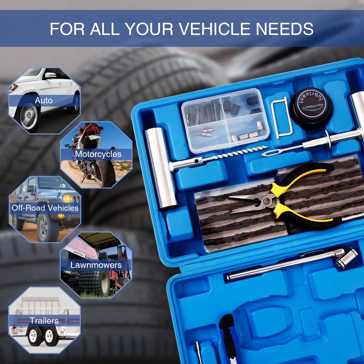 AUTOWN Tire Repair Kit - 68pcs Heavy Duty Tire Plug Kit, Universal Tire Repair Tools to Fix Punctures and Plug Flats Patch Kit for car Motorcycle, Truck, ARB,ATV, Tractor, RV, SUV, Trailer - Image 6