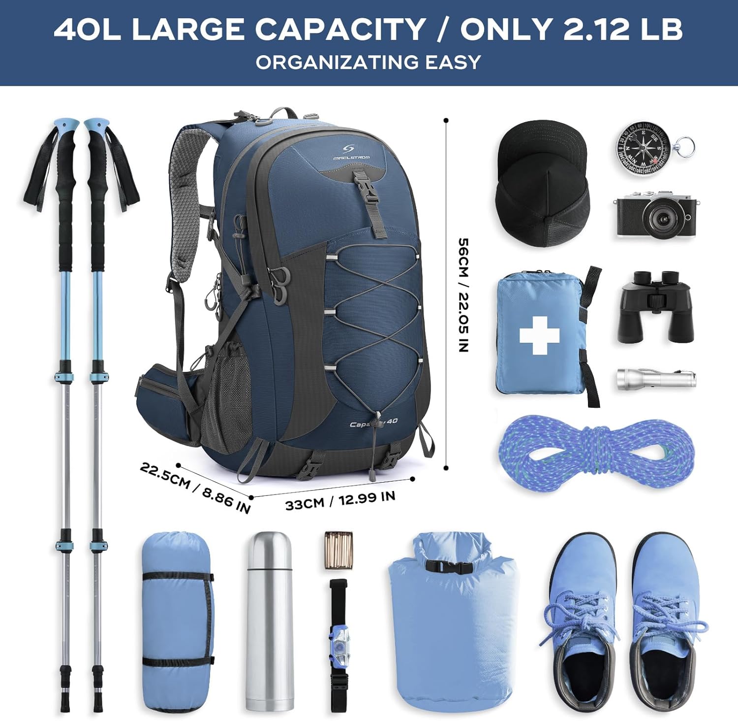 Maelstrom Hiking Backpack,Camping Backpack,40L Waterproof Hiking Daypack with Rain Cover,Lightweight Travel Backpack,Blue - Image 2
