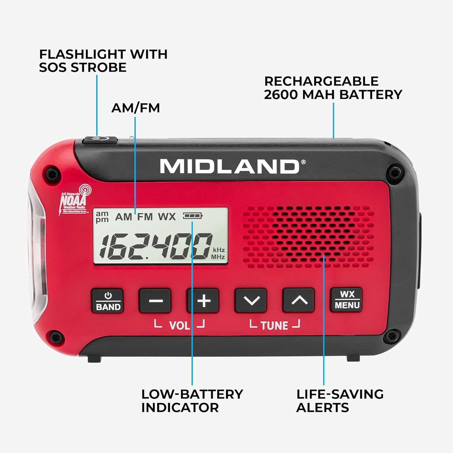 Midland® - ER10VP Weather Radio with Flashlight & Emergency Alert - AM/FM Radio - Compact and Easy to Carry - SOS Strobe Signal and Headphone Jack - Image 5
