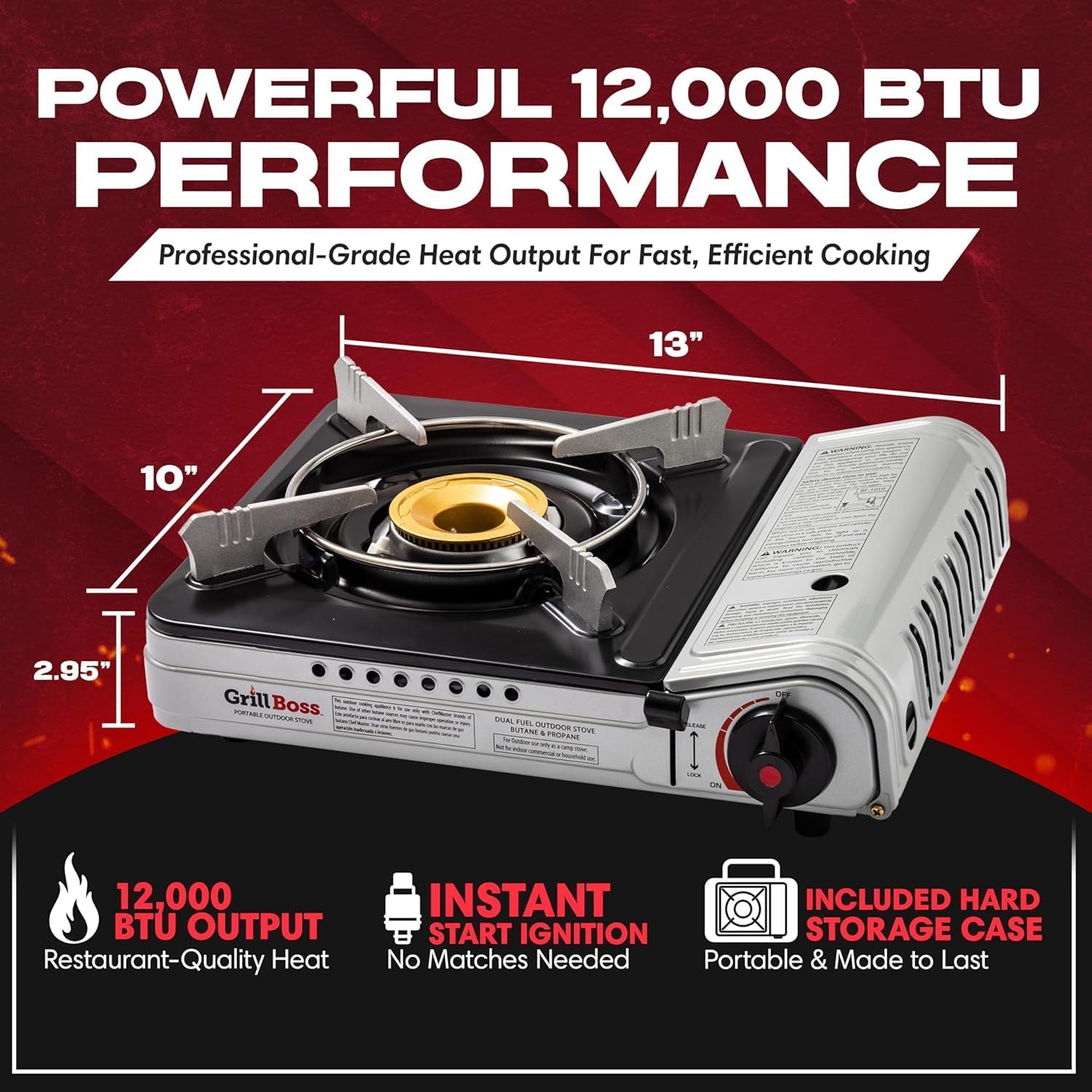 Grill Boss Dual Fuel Camp Stove - 12,000 BTU Butane & Propane Portable Stoves for Camping, Emergencies, BBQ, Hiking & Backpacking - Double Wind Guard, Instant Piezo Ignition System - 90057 - Image 3