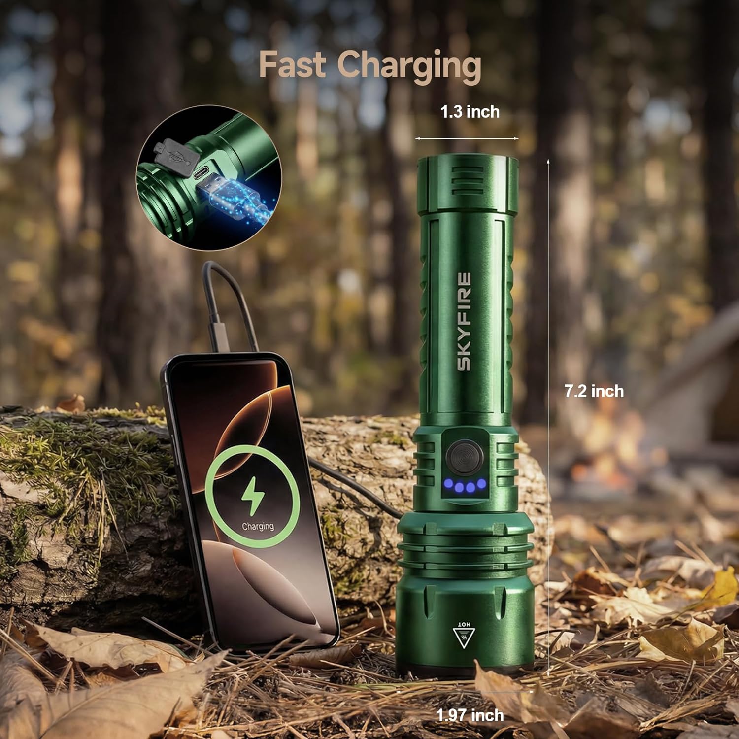 SKYFIRE 1376 LED Flashlights with Ignition Lens, Rechargeable 2000 High Lumens Zoomable Flash Light, 5 Modes Waterproof IPX6 Powerful Tactical Flashlight for Emergency Camping Essentials Home (Green) - Image 6