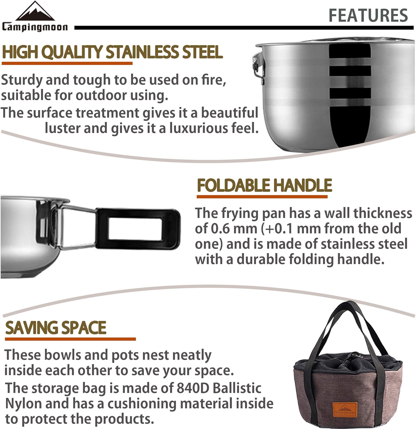 CAMPINGMOON Camping Cookware Set Stainless Steel Outdoor Nesting Cooking Mess Kit Pots Pans Bowls with Storage Carrying Tote Bag - Image 3