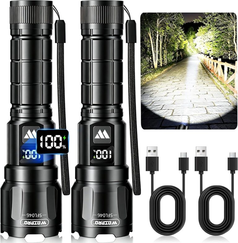 WdtPro Rechargeable Flashlights High Lumens 2Pack, Super Bright Flashlight Powerful, 3Mode Zoomable Tactical Flash Light with LCD Digital Display, Handheld LED Flashlights for Home Emergencies Camping