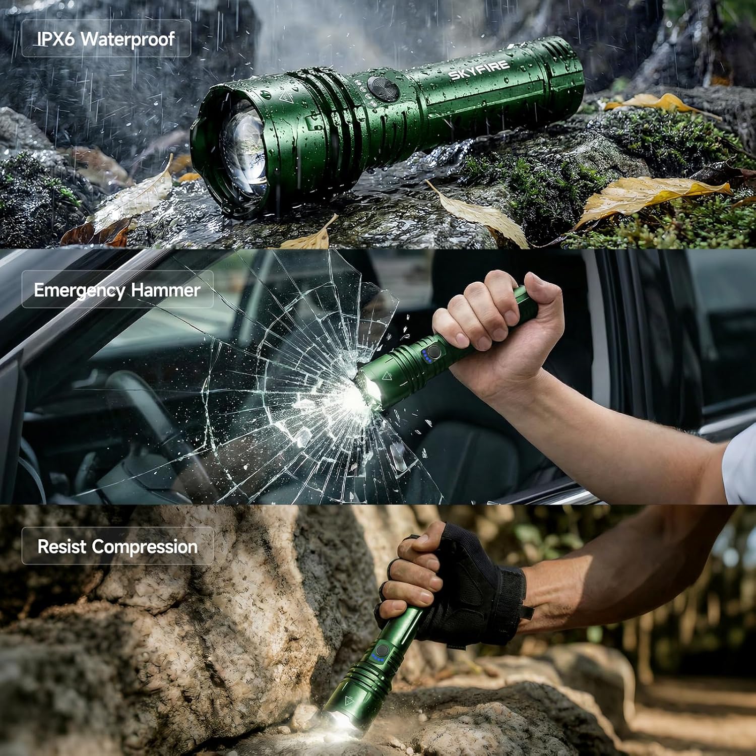 SKYFIRE 1376 LED Flashlights with Ignition Lens, Rechargeable 2000 High Lumens Zoomable Flash Light, 5 Modes Waterproof IPX6 Powerful Tactical Flashlight for Emergency Camping Essentials Home (Green) - Image 7