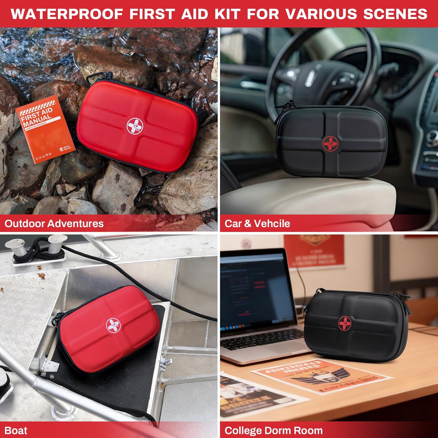 RHINO RESCUE EVA First Aid Kit, Small Waterproof Emergency Hiking First Aid Kit for Backpacking, Medical Kit for Travel, Home, Car, College Dorm Room, Camping, Boat, Back to School (Red) - Image 6