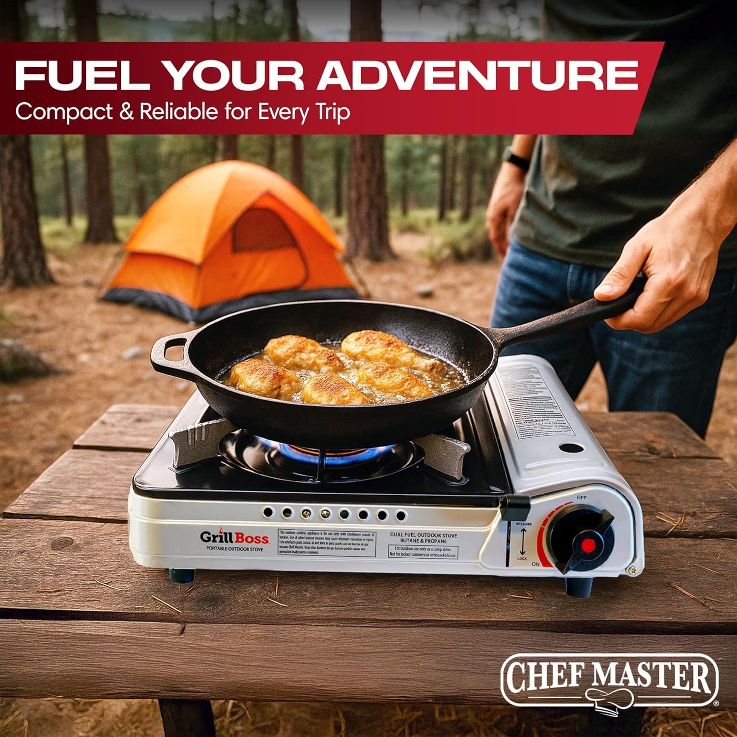 Grill Boss Dual Fuel Camp Stove - 12,000 BTU Butane & Propane Portable Stoves for Camping, Emergencies, BBQ, Hiking & Backpacking - Double Wind Guard, Instant Piezo Ignition System - 90057 - Image 8