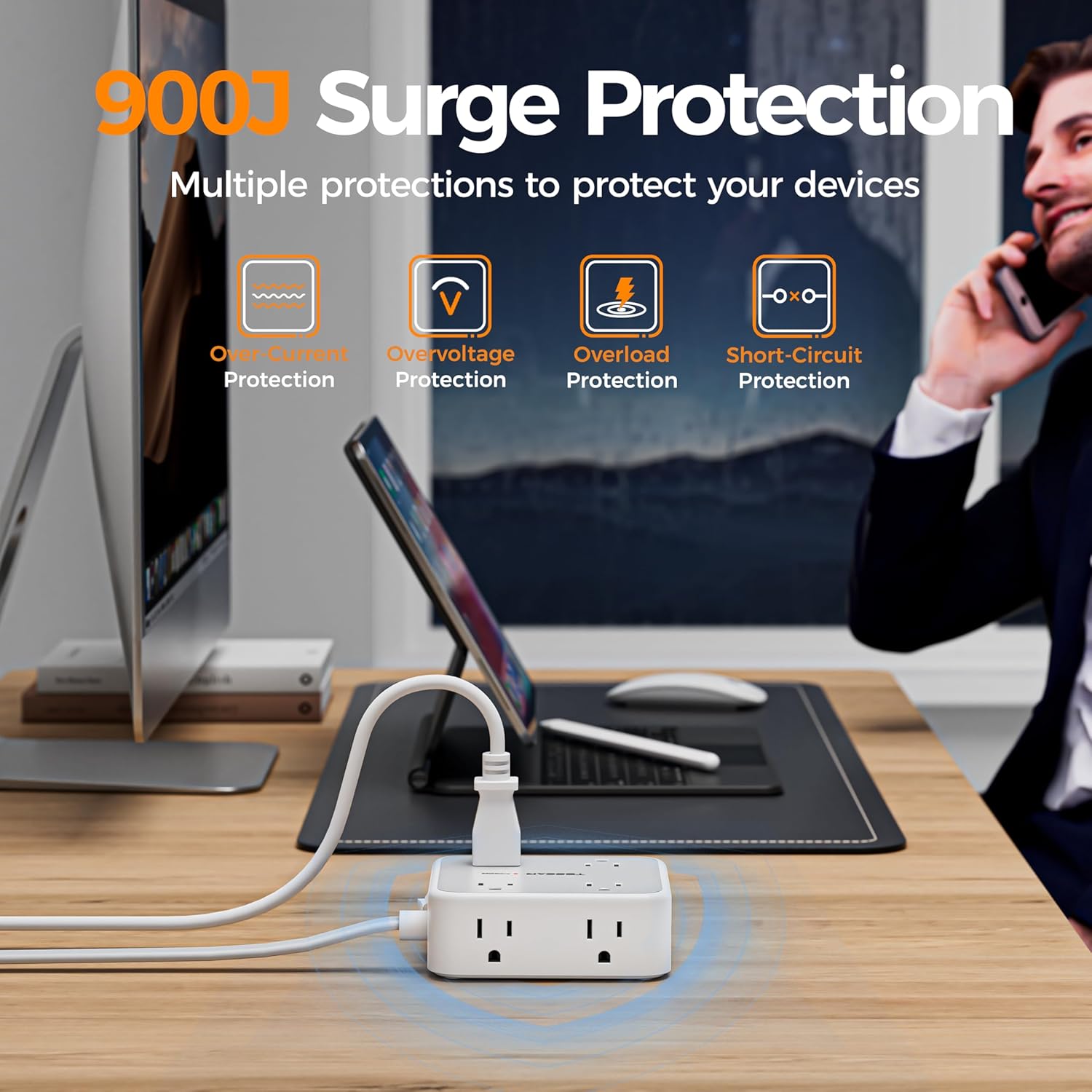 TESSAN Surge Protector Power Strip, 5 Ft Flat Plug Extension Cord with 3 USB (1 USB C) 8 Outlets, 1250W, 900J Protection, 3 Sided Outlet Extender with Power Switch for Office, Dorm Room, Grey - Image 5