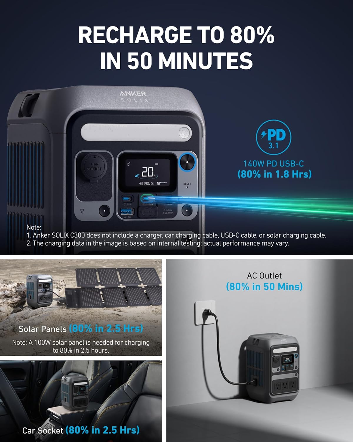 Anker Portable Power Station SOLIX C300, 288Wh LiFePO4 Backup Battery, 300W Solar Generator, 140W Two-Way Fast Charging, for Camping, Hunting, Travel, Blackout & Emergencies (Solar Panel Optional) - Image 6
