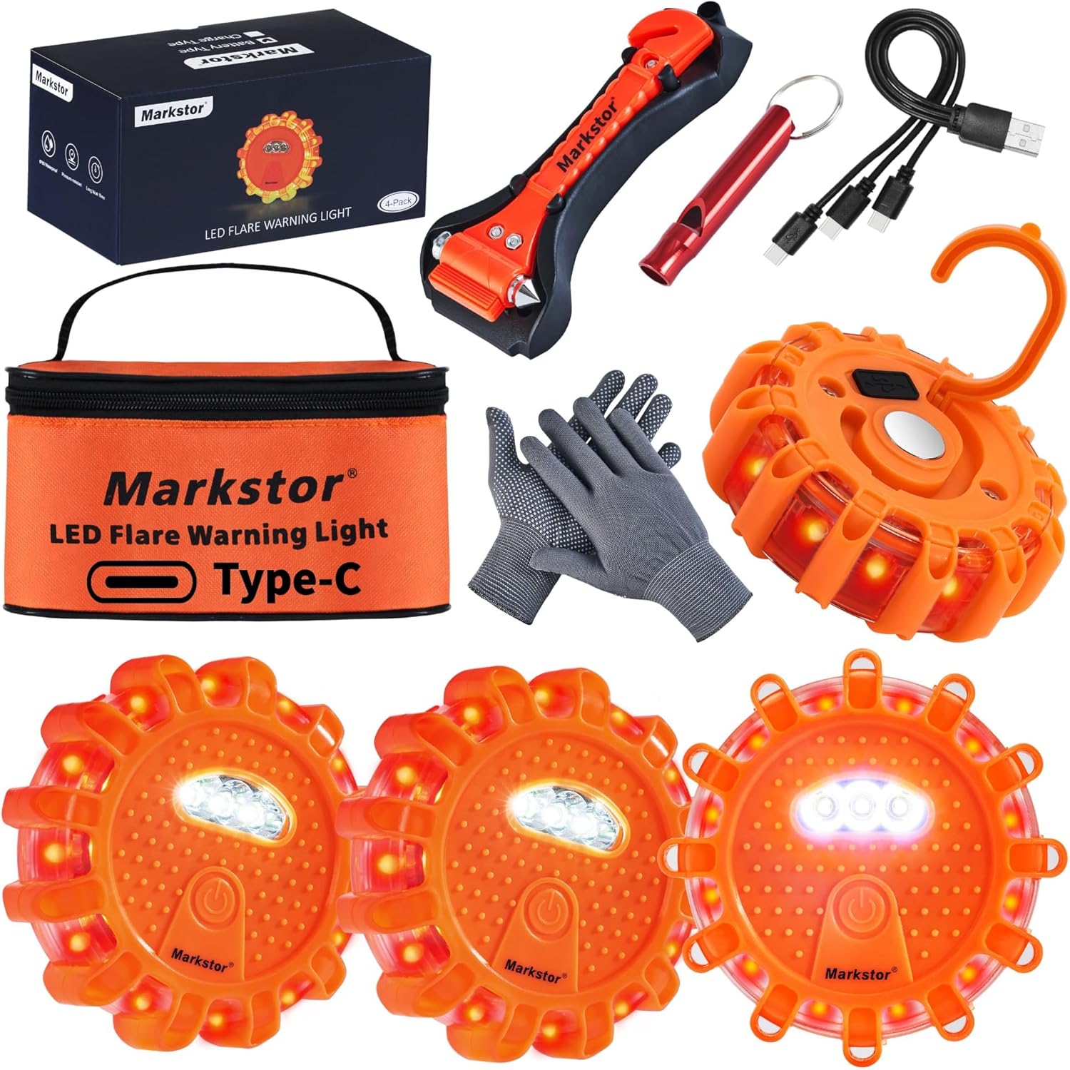 Led Road Flares 4 Pack LED Flares Emergency Kit, USB Recharge Amber LED Flares Warning Light with Magnetic, Roadside Safety Disc Flares Kit with Breaker,Whistle for Vehicle (4 Pack Parts)