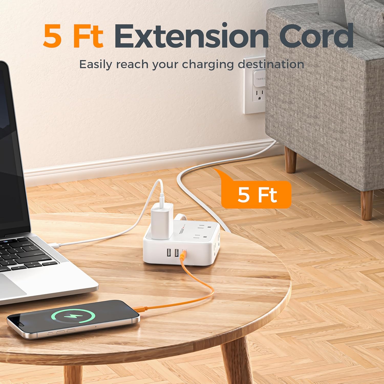 TESSAN Surge Protector Power Strip, 5 Ft Flat Plug Extension Cord with 3 USB (1 USB C) 8 Outlets, 1250W, 900J Protection, 3 Sided Outlet Extender with Power Switch for Office, Dorm Room, Grey - Image 6