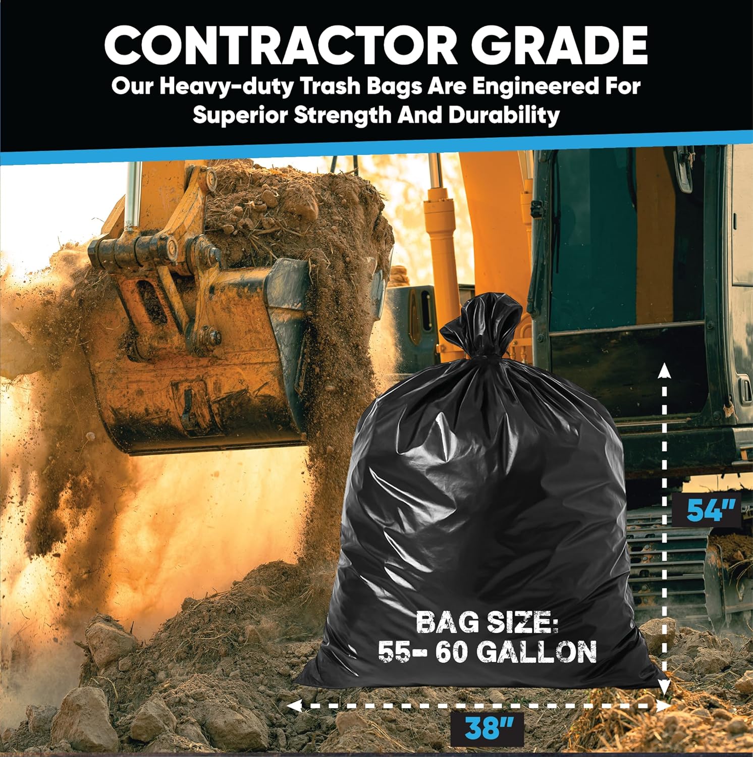 Contractor Garbage Bags 55 Gallon Heavy Duty | 50 Count | Construction Bags Heavy Duty with Ties | 55-60 Gallon Trash Bag for Contractors - Image 2